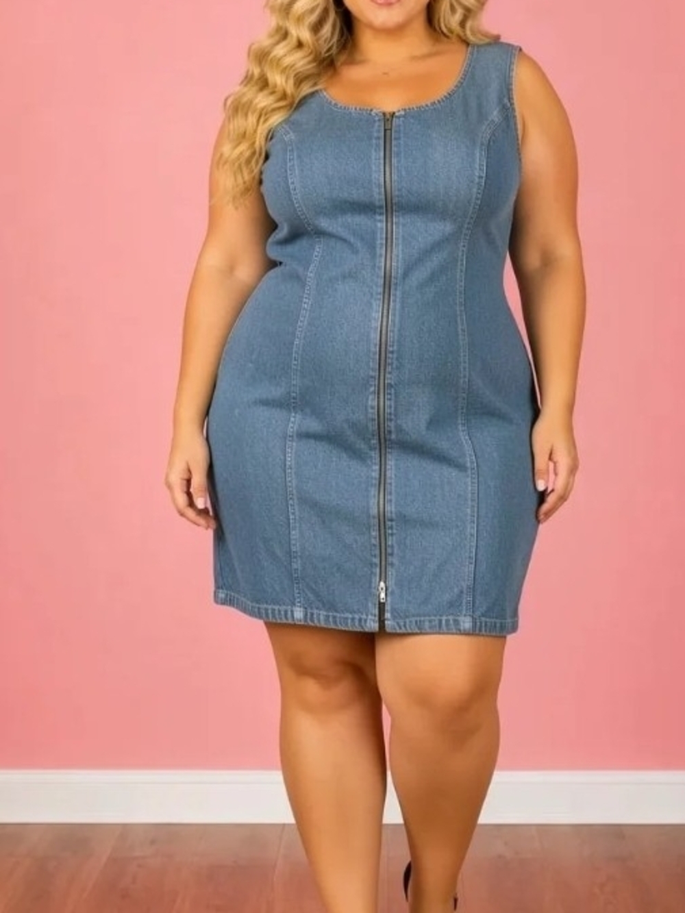Curve-Friendly Front Zip Denim Dress - Medium Blue 2X